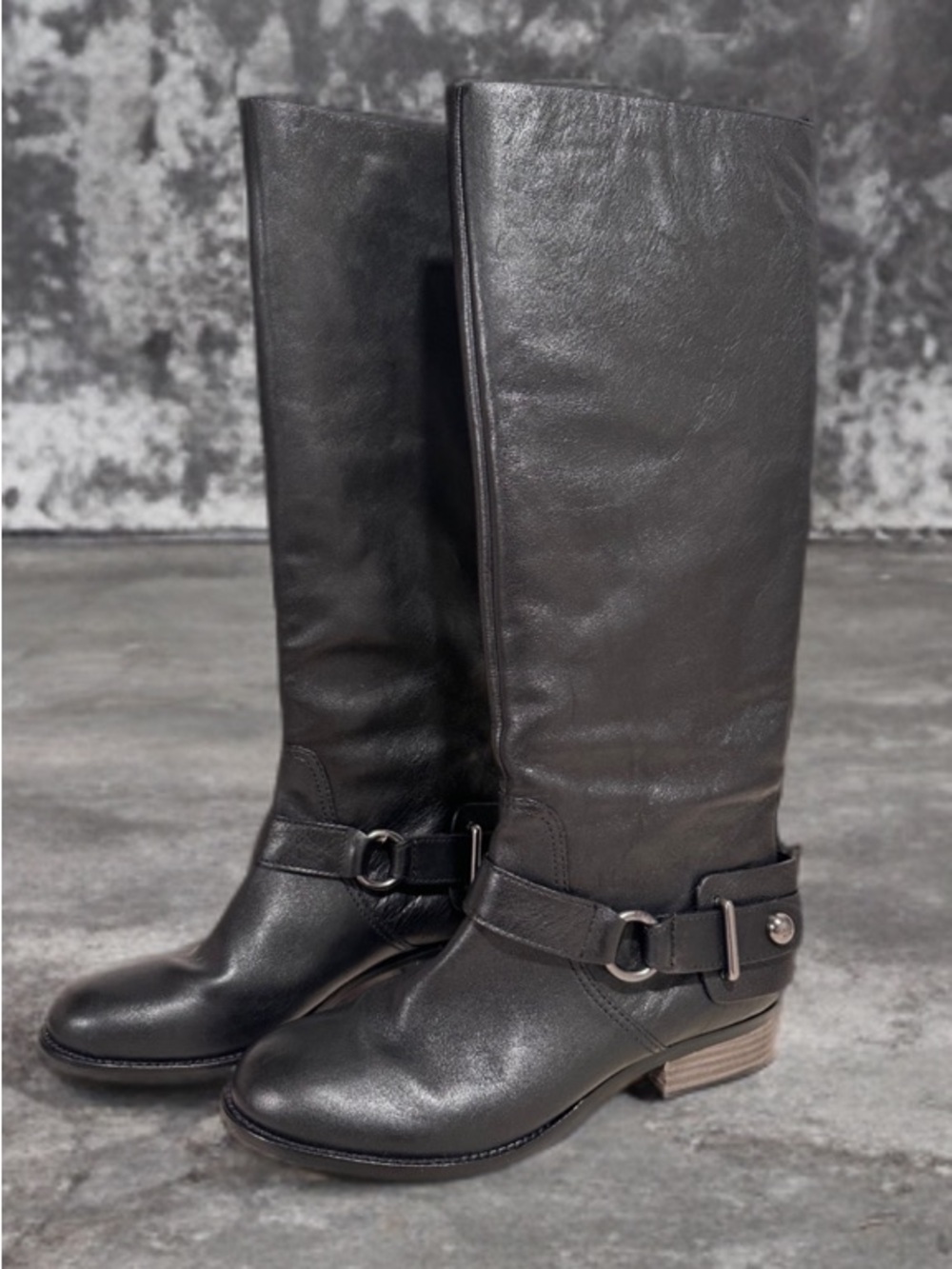 Coach Natale Black Leather Knee-High Equestrian Riding Boots Buckle Strap 7.5